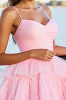 Load image into Gallery viewer, Pink A Line Tulle Tiered Short Homecoming Dress