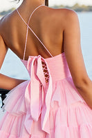 Load image into Gallery viewer, Pink A Line Tulle Tiered Short Homecoming Dress