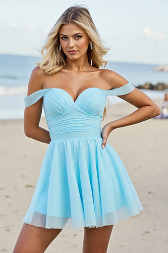 Light Blue Tulle A Line Off the Shoulder Short Homecoming Dress