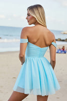 Load image into Gallery viewer, Light Blue Tulle A Line Off the Shoulder Short Homecoming Dress