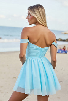 Light Blue Tulle A Line Off the Shoulder Short Homecoming Dress
