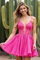 Load image into Gallery viewer, Corset Fuchsia Tulle A Line Short Homecoming Dress with Appliques