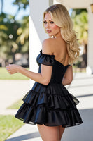 Load image into Gallery viewer, Black Corset A Line Tiered Satin Short Homecoming Dress