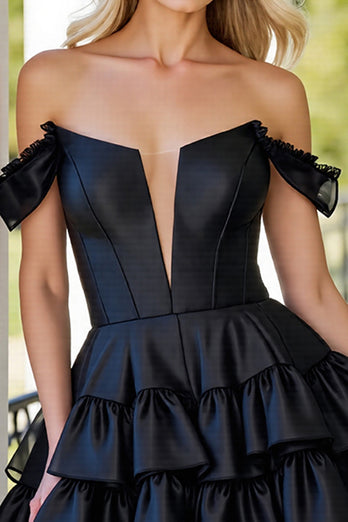 Black Corset A Line Tiered Satin Short Homecoming Dress