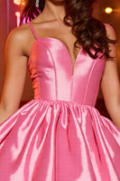 Load image into Gallery viewer, Pink Corset A Line Spaghetti Straps Short Satin Homecoming Dress