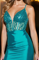 Load image into Gallery viewer, Sparkly Corset Peacock Green Satin Short Homecoming Dress