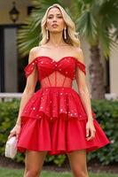Load image into Gallery viewer, Sparkly Red A Line Corset Off the Shoulder Short Homecoming Dress