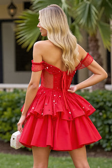 Sparkly Red A Line Corset Off the Shoulder Short Homecoming Dress