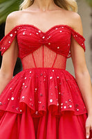 Load image into Gallery viewer, Sparkly Red A Line Corset Off the Shoulder Short Homecoming Dress