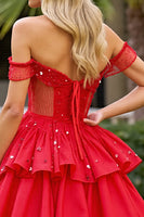 Load image into Gallery viewer, Sparkly Red A Line Corset Off the Shoulder Short Homecoming Dress