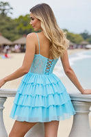 Load image into Gallery viewer, Light Blue Corset A Line Short Tulle Homecoming Dress with Appliques