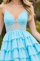 Load image into Gallery viewer, Light Blue Corset A Line Short Tulle Homecoming Dress with Appliques