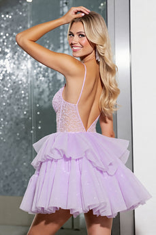 Lilac Corset A Line Tulle Short Homecoming Dress with Appliques