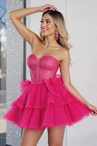Sparkly Fuchsia Corset A Line Tulle Short Homecoming Dress with Beading