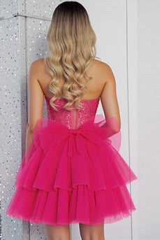 Sparkly Fuchsia Corset A Line Tulle Short Homecoming Dress with Beading