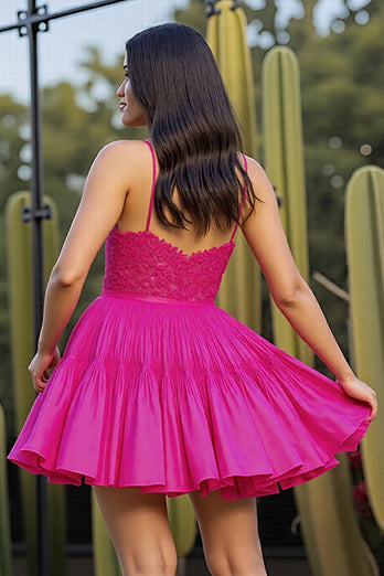 Fuchsia Corset A Line Short Homecoming Dress with Lace Appliques
