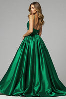 Load image into Gallery viewer, Sparkly Dark Green A Line V-Neck Long Prom Dress with Slit