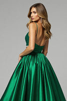 Load image into Gallery viewer, Sparkly Dark Green A Line V-Neck Long Prom Dress with Slit