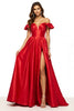 Load image into Gallery viewer, Red Off the Shoulder A Line Satin Long Prom Dress with Slit