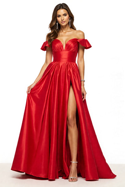Red Off the Shoulder A Line Satin Long Prom Dress with Slit