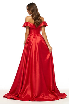 Red Off the Shoulder A Line Satin Long Prom Dress with Slit