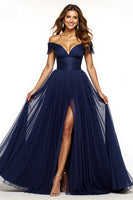 Load image into Gallery viewer, Navy A Line Off the Shoulder Long Prom Dress with Slit
