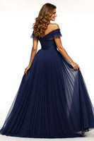 Load image into Gallery viewer, Navy A Line Off the Shoulder Long Prom Dress with Slit