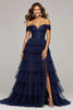 Load image into Gallery viewer, Navy Tulle A Line Off the Shoulder Long Ruffled Prom Dress with Slit