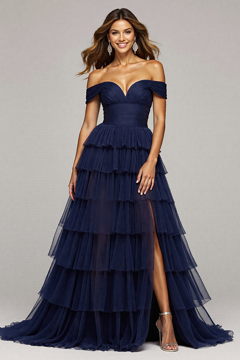 Load image into Gallery viewer, Navy Tulle A Line Off the Shoulder Long Ruffled Prom Dress with Slit