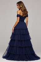 Load image into Gallery viewer, Navy Tulle A Line Off the Shoulder Long Ruffled Prom Dress with Slit
