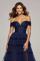 Load image into Gallery viewer, Navy Tulle A Line Off the Shoulder Long Ruffled Prom Dress with Slit
