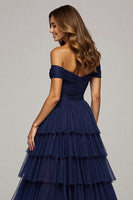 Load image into Gallery viewer, Navy Tulle A Line Off the Shoulder Long Ruffled Prom Dress with Slit