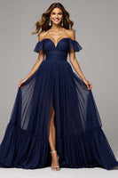 Load image into Gallery viewer, Navy Pleated A Line Off the Shoulder Long Prom Dress with Slit