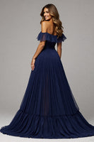 Load image into Gallery viewer, Navy Pleated A Line Off the Shoulder Long Prom Dress with Slit