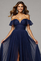 Load image into Gallery viewer, Navy Pleated A Line Off the Shoulder Long Prom Dress with Slit