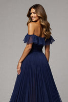 Load image into Gallery viewer, Navy Pleated A Line Off the Shoulder Long Prom Dress with Slit