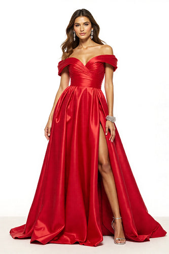 A Line Red Off the Shoulder Satin Long Prom Dress with Slit