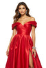 Load image into Gallery viewer, A Line Red Off the Shoulder Satin Long Prom Dress with Slit