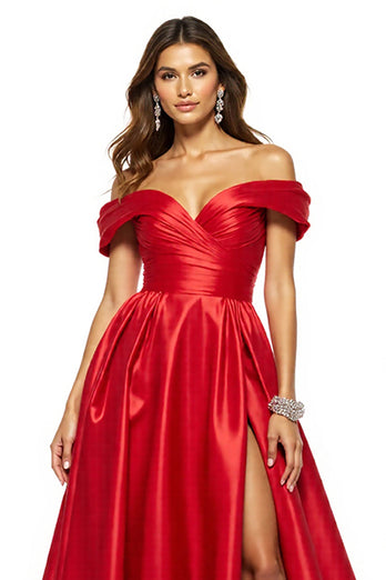 A Line Red Off the Shoulder Satin Long Prom Dress with Slit