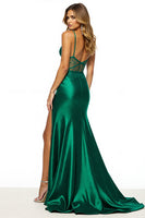 Load image into Gallery viewer, Dark Green V-Neck Appliqued Sheath Long Prom Dress with Slit