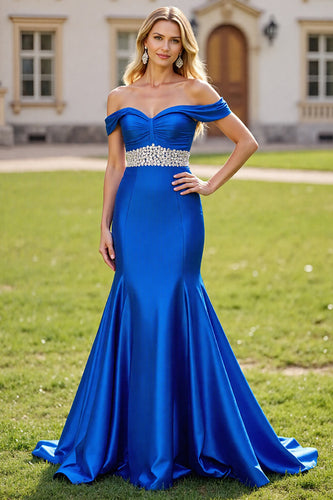 Sparkly Royal Blue Mermaid Long Satin Prom Dress with Beading