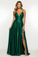 Load image into Gallery viewer, Dark Green V-Neck Satin Long A Line Prom Dress with Slit