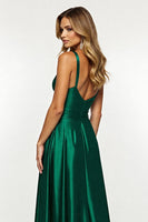 Load image into Gallery viewer, Dark Green V-Neck Satin Long A Line Prom Dress with Slit
