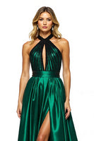 Load image into Gallery viewer, Dark Green Keyhole A Line Halter Long Satin Prom Dress with Slit
