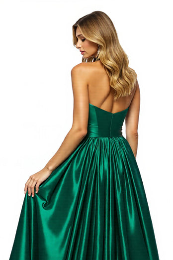 Dark Green Keyhole A Line Halter Long Satin Prom Dress with Slit