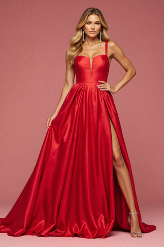 A Line Red Satin Long Prom Dress with Slit