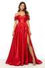 Load image into Gallery viewer, Satin Red Off the Shoulder Long A Line Prom Dress with Slit