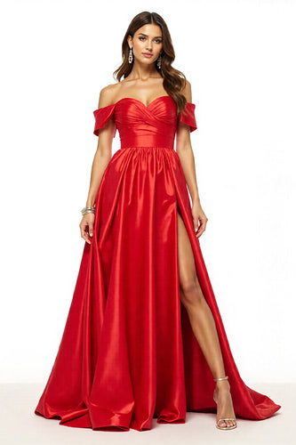 Satin Red Off the Shoulder Long A Line Prom Dress with Slit