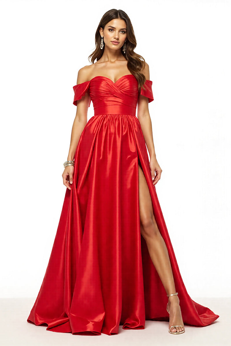 Load image into Gallery viewer, Satin Red Off the Shoulder Long A Line Prom Dress with Slit