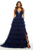 Load image into Gallery viewer, Navy Tiered V-Neck A Line Long Tulle Prom Dress with Slit